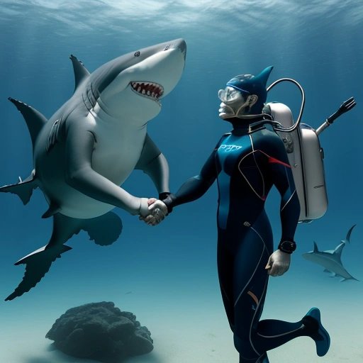 Shark and diver shaking hands