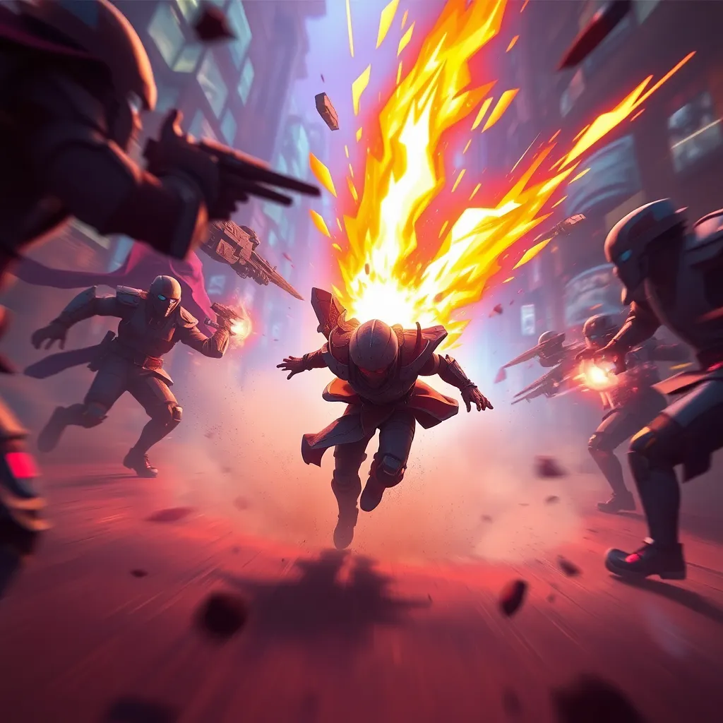 stylized action scene from a fantasy sci-fi indie video game, player character performing a blazing forward dash through enemies, luminous trail, shards, dust, dramatic camera angle, richly colored environment, polished game effect showcase