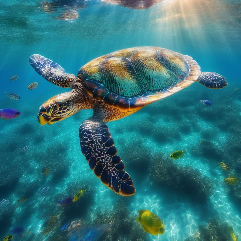 A majestic sea turtle swimming gracefully through crystal-clear waters.