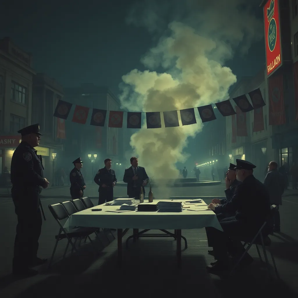 nighttime city plaza where rival philosophical factions argue under banners, dreamlike police made of smoke giving no orders, emergency committee at folding table with infinite paperwork, absurd dystopian comedy, cinematic realism