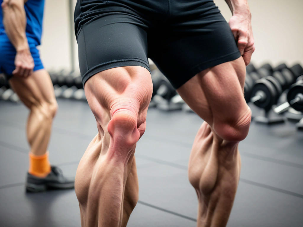 close-up of a person's calves during a slow, controlled calf raise, emphasizing muscle tension