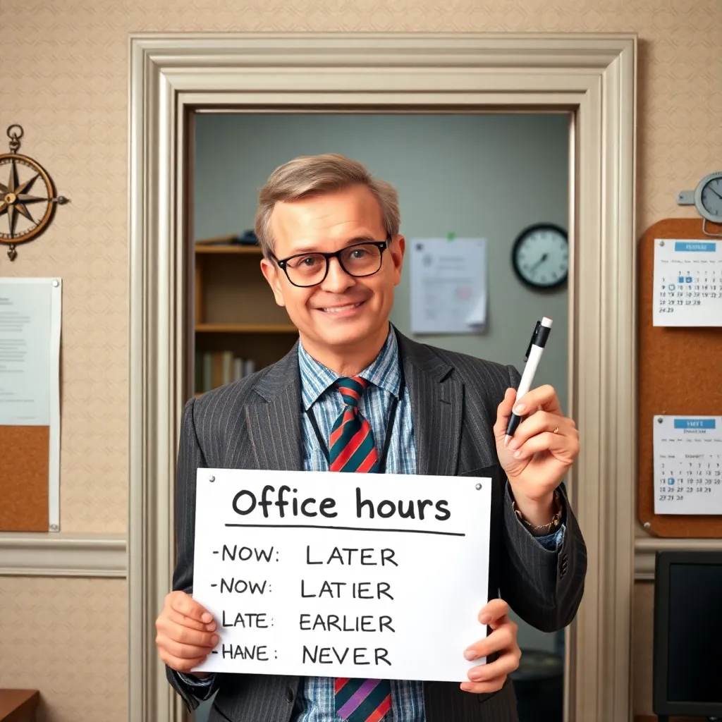 Dr. Grenda P. Lateral’s office hours: “simultaneously now, later, earlier, and never”