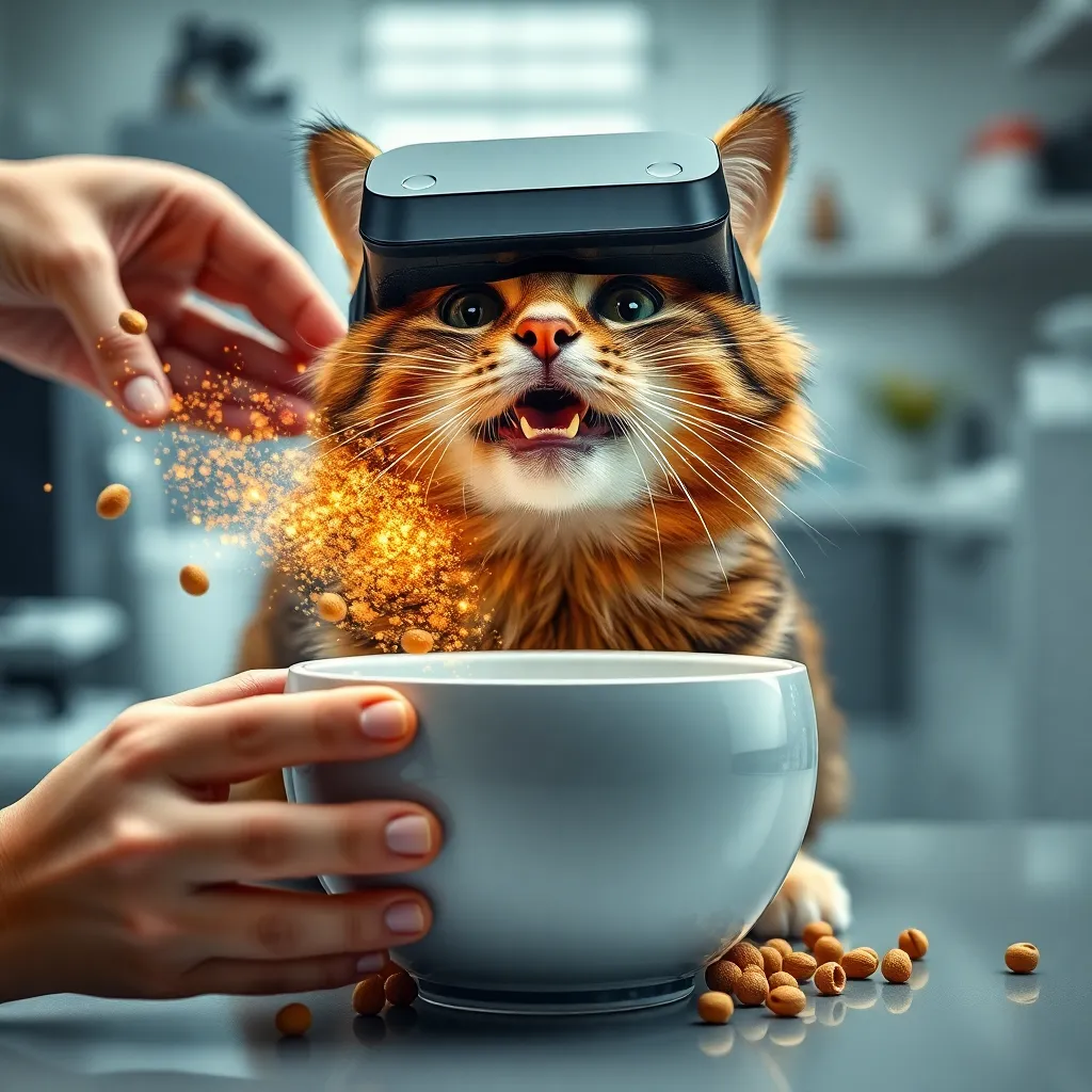 A frantic tabby cat wearing a VR headset staring into an empty bowl while a human hand shakes the bowl, causing golden sparks and physical food pellets to materialize out of thin air, surreal laboratory setting