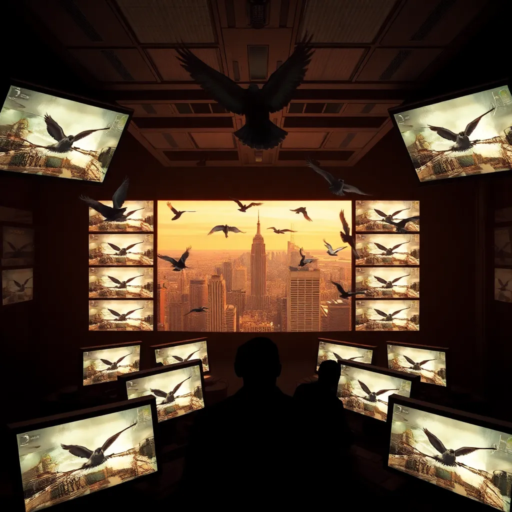 A secret government control room with hundreds of monitors showing POV footage from pigeons flying over a city, dark atmosphere, silhouettes of agents