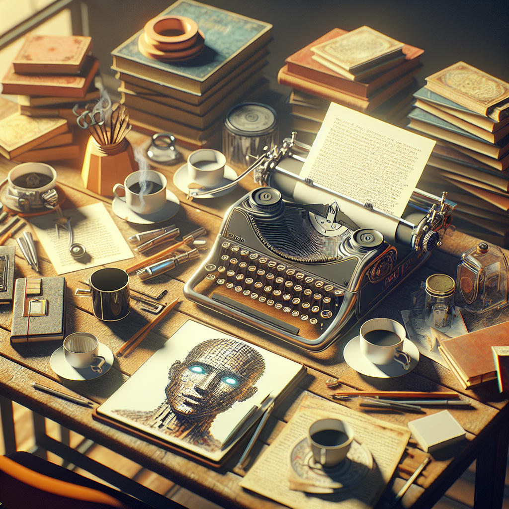 A writer's desk with a vintage typewriter and a futuristic AI-powered device side by side, surrounded by papers, books, and coffee cups, warm lighting, cozy atmosphere, 4k, photorealistic, concept art by Simon Stalenhag and Syd Mead