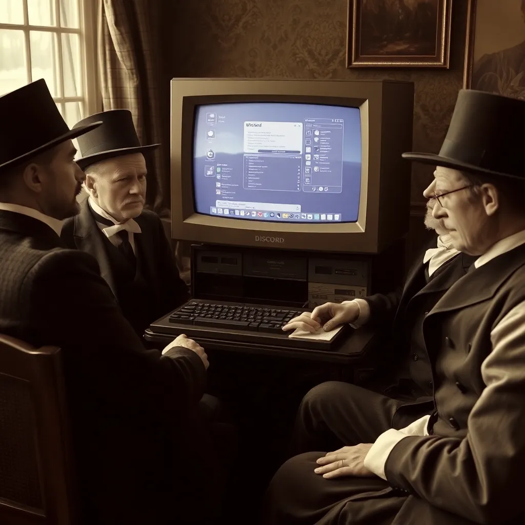 A group of Victorian-era gentlemen sitting around a modern gaming PC, looking at a Discord interface on a CRT monitor, sepia tones, surreal historical mashup