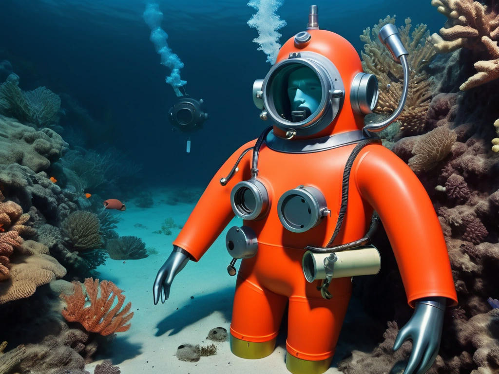 a scuba diving suit with a hidden trap, 1960s style, underwater setting with coral and fish