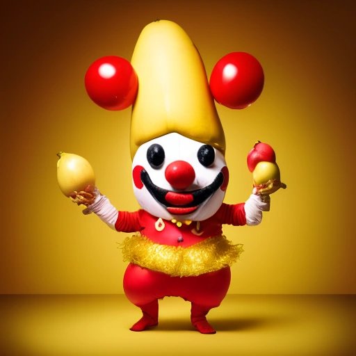 Banana clown juggling fruits and a dog at a circus