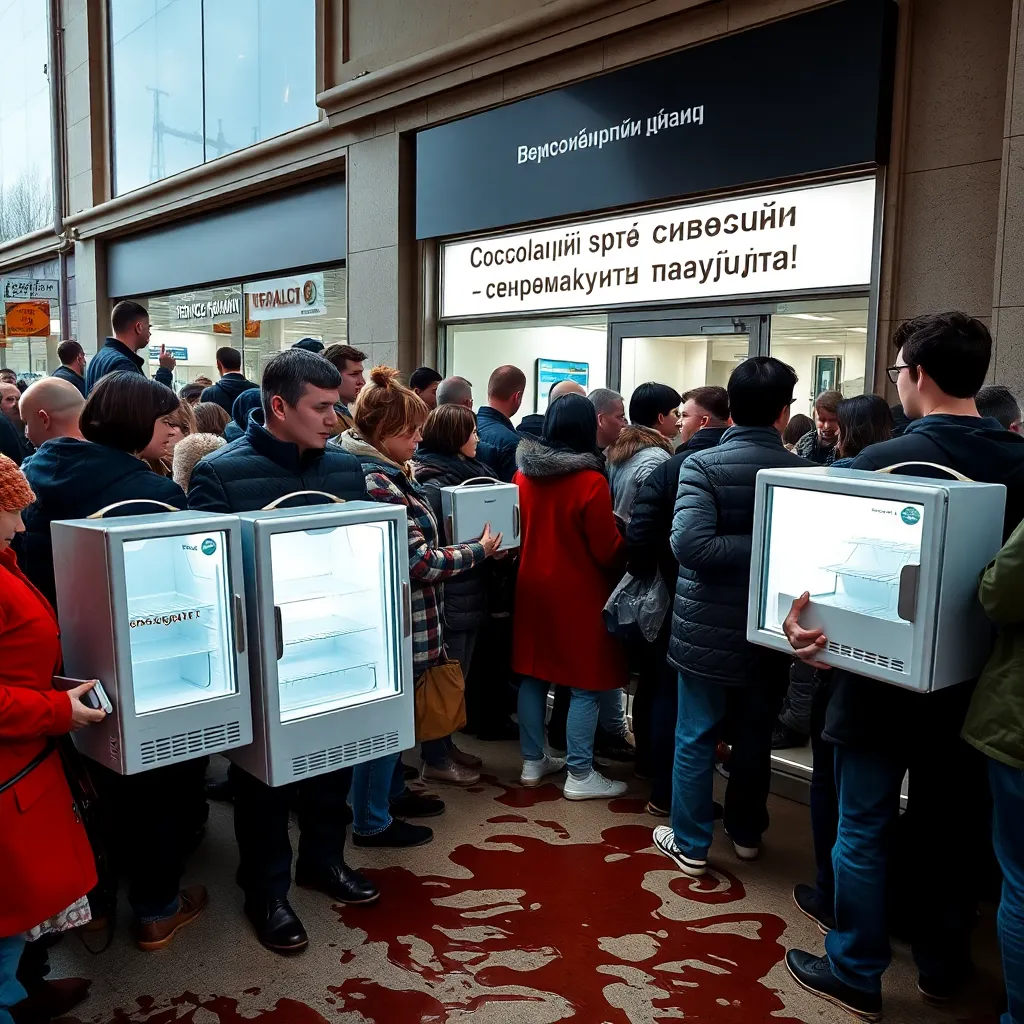 crowd of people queuing at a bank with mini-fridges in hands, bank sign 'Шоколадні гроші — смакуйте стабільність!', melting chocolate stains on floor