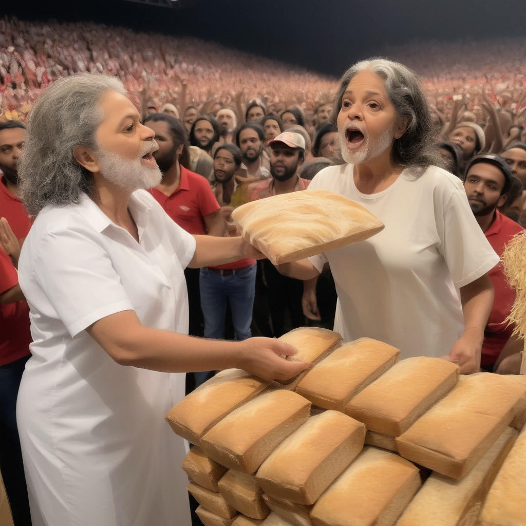 Lula da Silva distributing bread to the audience.