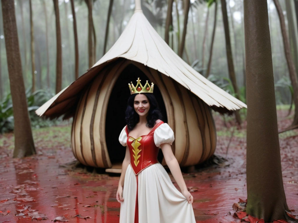 Rainha Má oferecendo amizade a Branca de Neve em uma floresta, com a cabana dos anões ao fundo