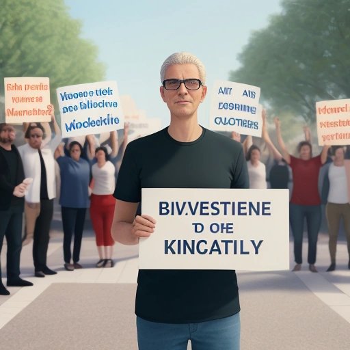 Blind man surrounded by supporters with signs calling for inclusivity