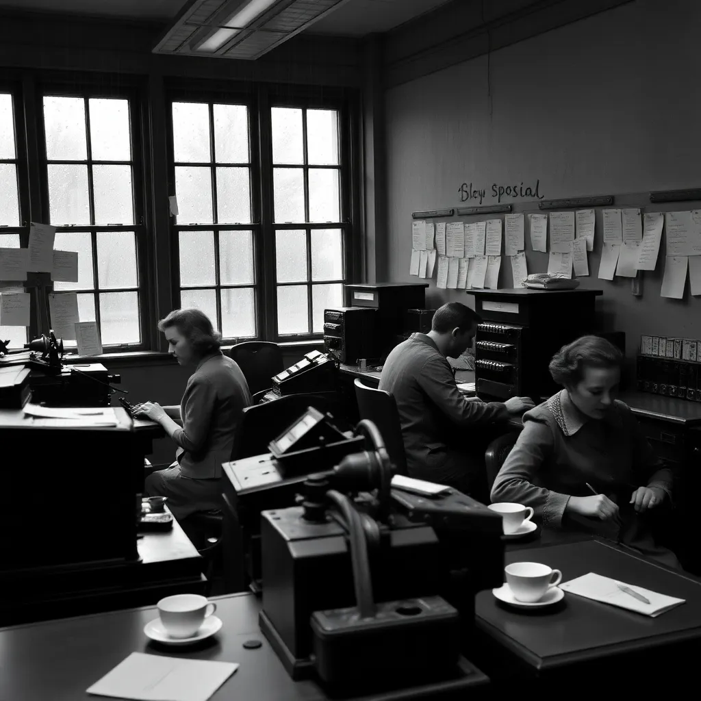 inside a wartime British codebreaking office in the 1940s, women and men operating bombe machines, cryptographic notes pinned to walls, rain on windows, tea cups, urgent atmosphere, cinematic historical realism