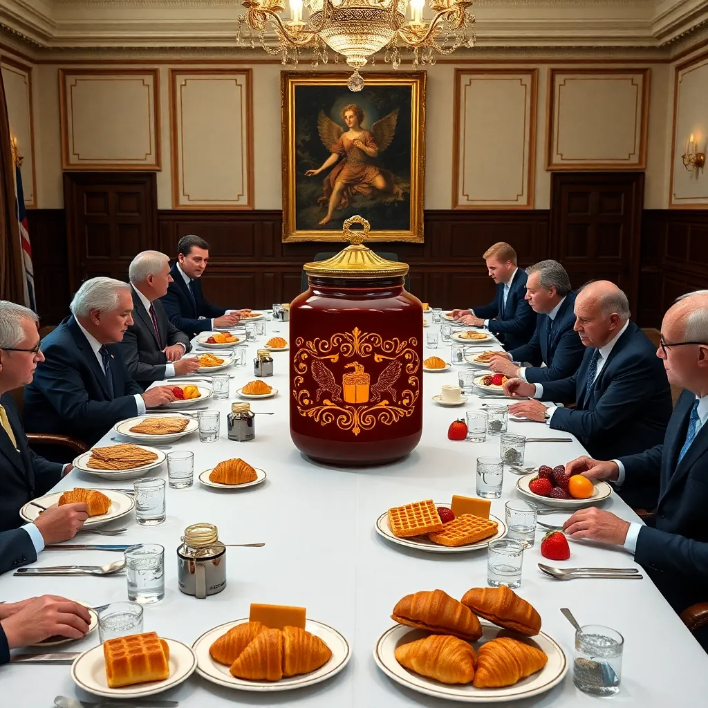 a surreal international summit where world leaders in formal suits negotiate at a giant breakfast table covered with croissants, waffles, fruit, and a central ornate jar of chocolate hazelnut spread glowing like a diplomatic artifact, photojournalistic style