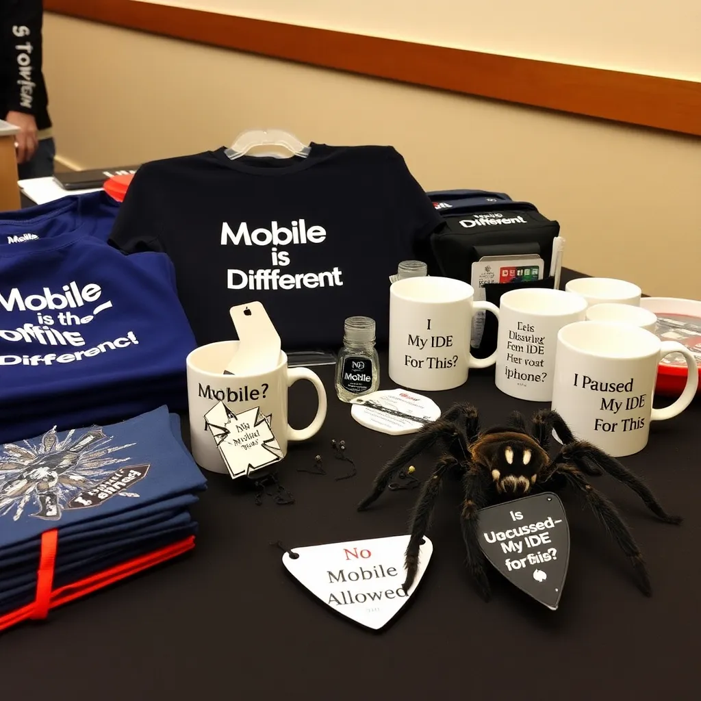 corporate swag table overflowing with 'Mobile is Different' merchandise: t-shirts, stress balls shaped like shattered iPhones, mugs reading 'I Paused My IDE For This?', and a tiny tarantula wearing a 'No Mobile Allowed' bandana