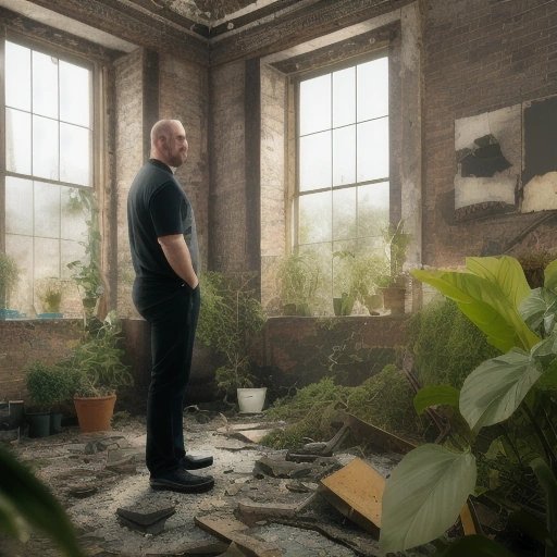 The nursery owner surrounded by destroyed plants