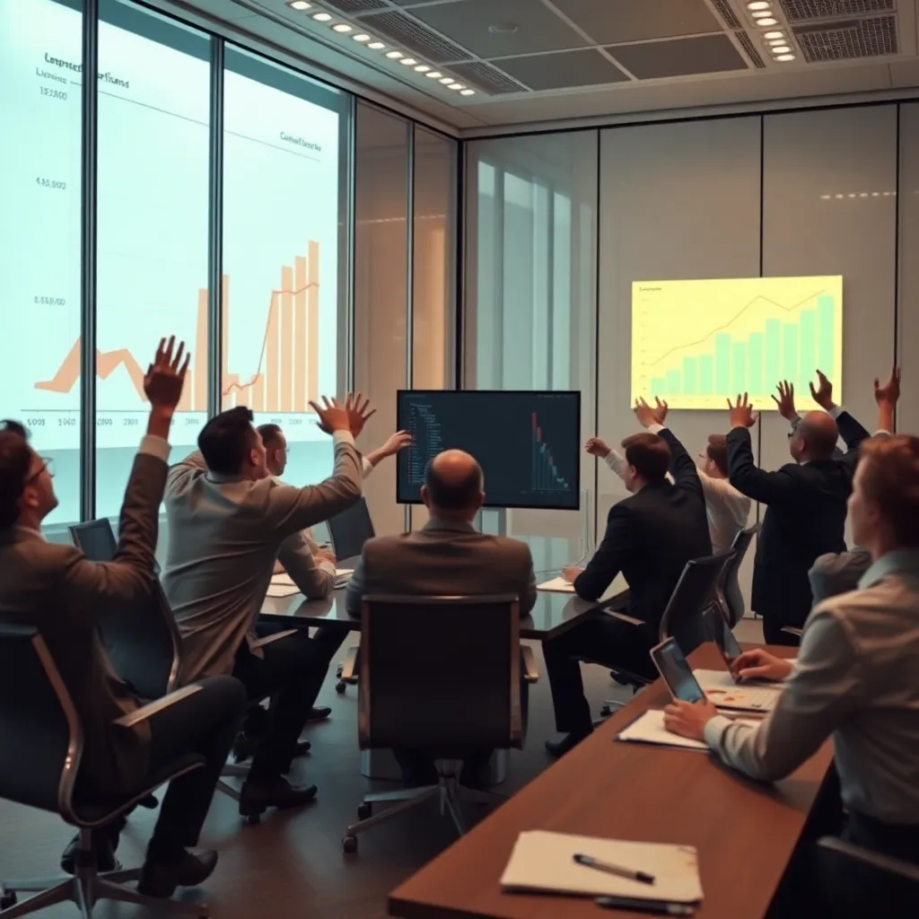 frantic modern tech executives in a glass boardroom reacting in horror to an old-school software license model, giant charts crashing on screens, one simple retro software window glowing triumphantly, exaggerated business drama, cinematic, detailed