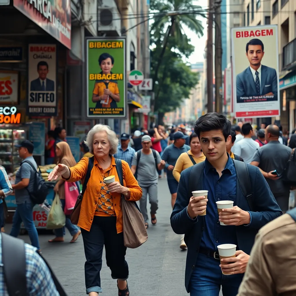 busy urban street scene in Brazil with ordinary people reacting to bizarre official posters about Bibagem, street vendors, commuters, elderly woman pointing knowingly, young office worker holding coffee in existential confusion, vibrant colors, documentary style, highly detailed
