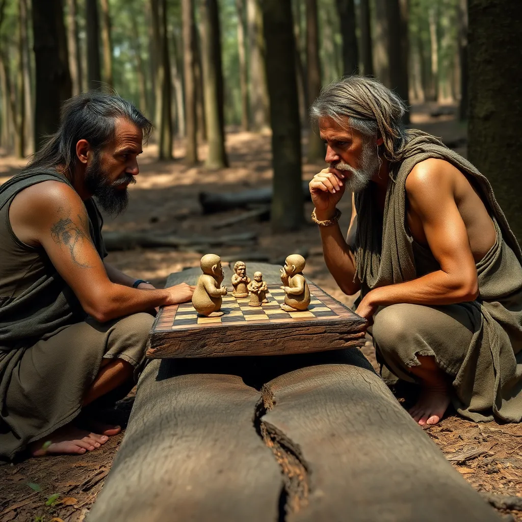Two dirty men in rags playing chess with crude clay figures on a rough wooden plank in a forest, intense expressions, dramatic shadows
