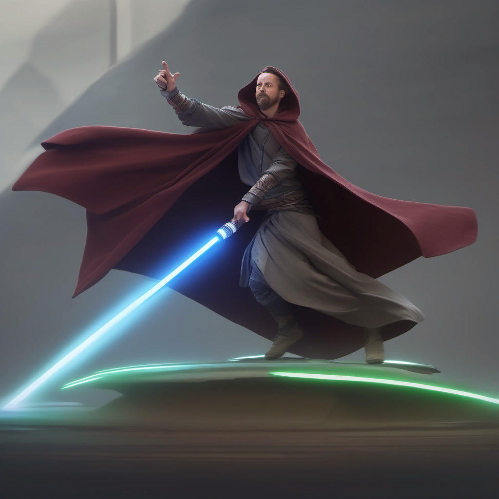 A Jedi Knight hamming it up with a lightsaber, wearing a comically oversized cloak.