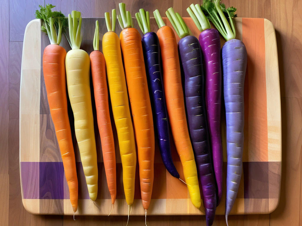 a variety of colorful carrots including purple, yellow, and orange, arranged on a wooden cutting board