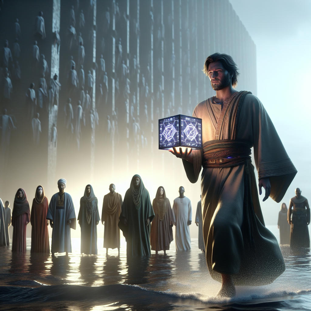 A man walking on water, surrounded by astonished followers, holding a cube with glowing symbols, hyper-realistic, dramatic lighting, detailed, 4k