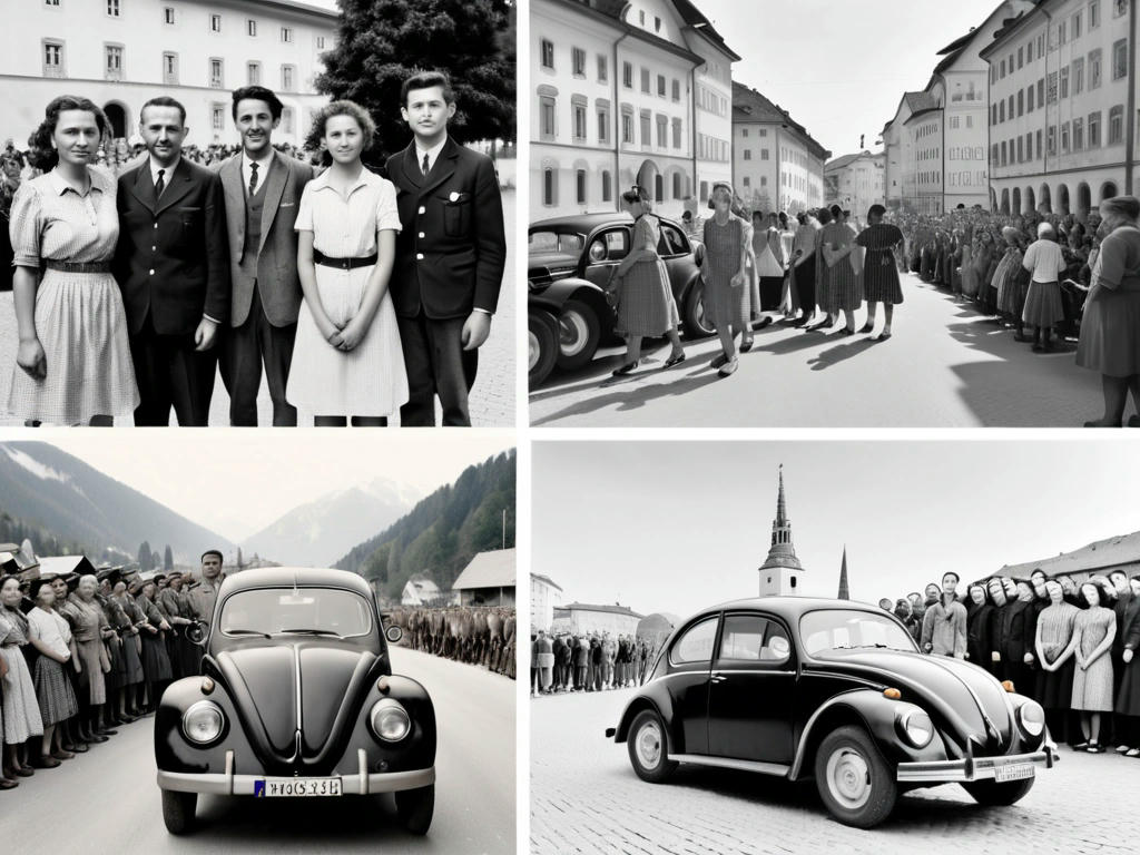 A split-screen image of an old black-and-white photograph of Austrian citizens during WWII, alongside a modern-day photo of Austrians from diverse backgrounds, with a subtle VW Beetle in the background