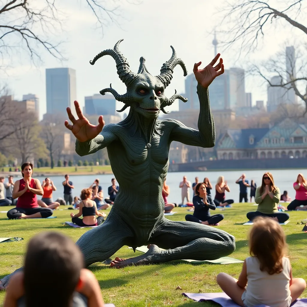 A shoggoth attempting yoga in Central Park, surrounded by startled yoga practitioners