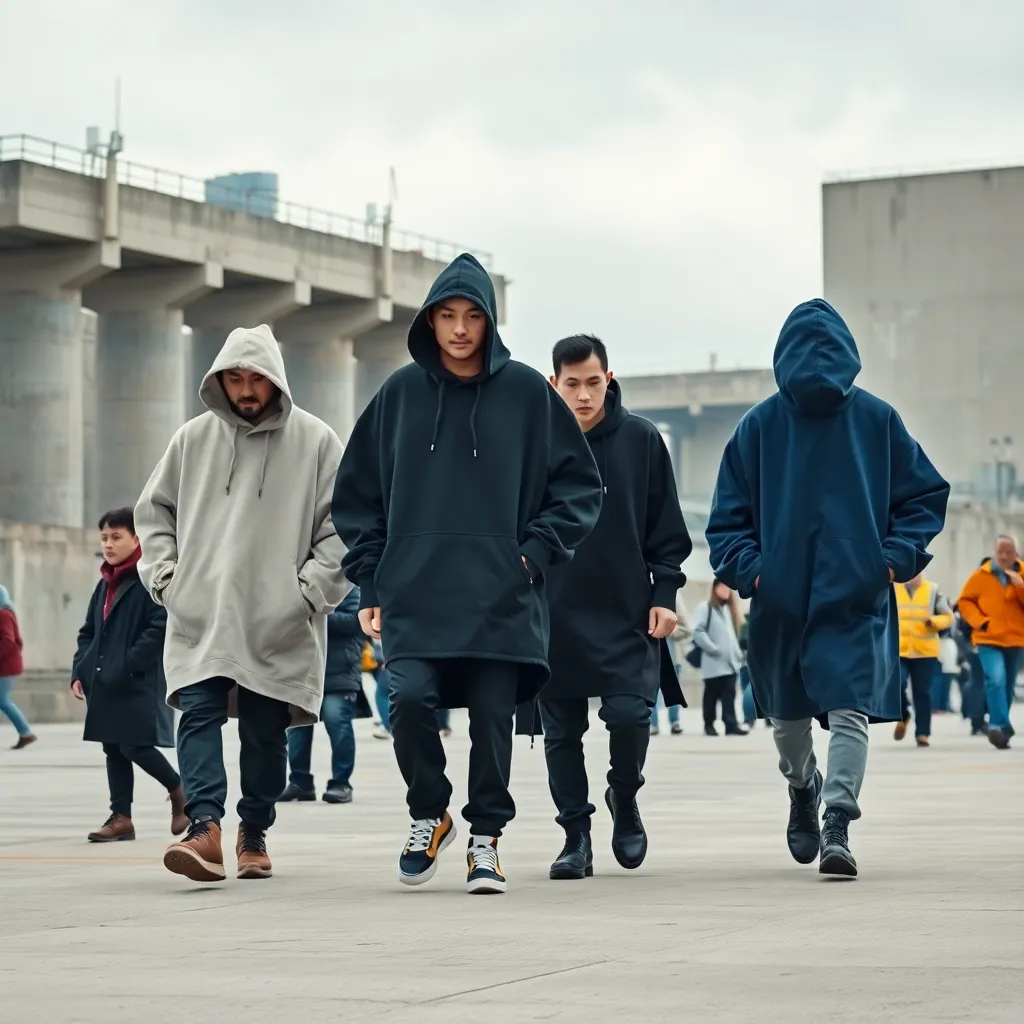 People wearing extreme oversized clothing, giant hoodies and coats, walking through a massive concrete plaza, central asian influence, industrial background, high fashion photography style