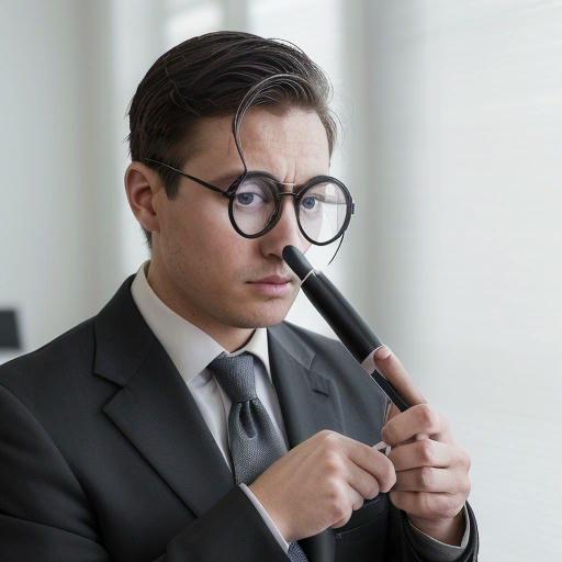 A journalist examining the page with a magnifying glass