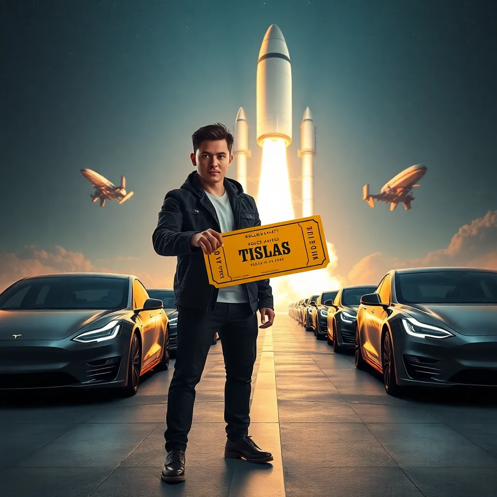 a futuristic scene of a person holding a golden ticket, surrounded by Tesla cars, flamethrowers, and a spaceship ready for launch