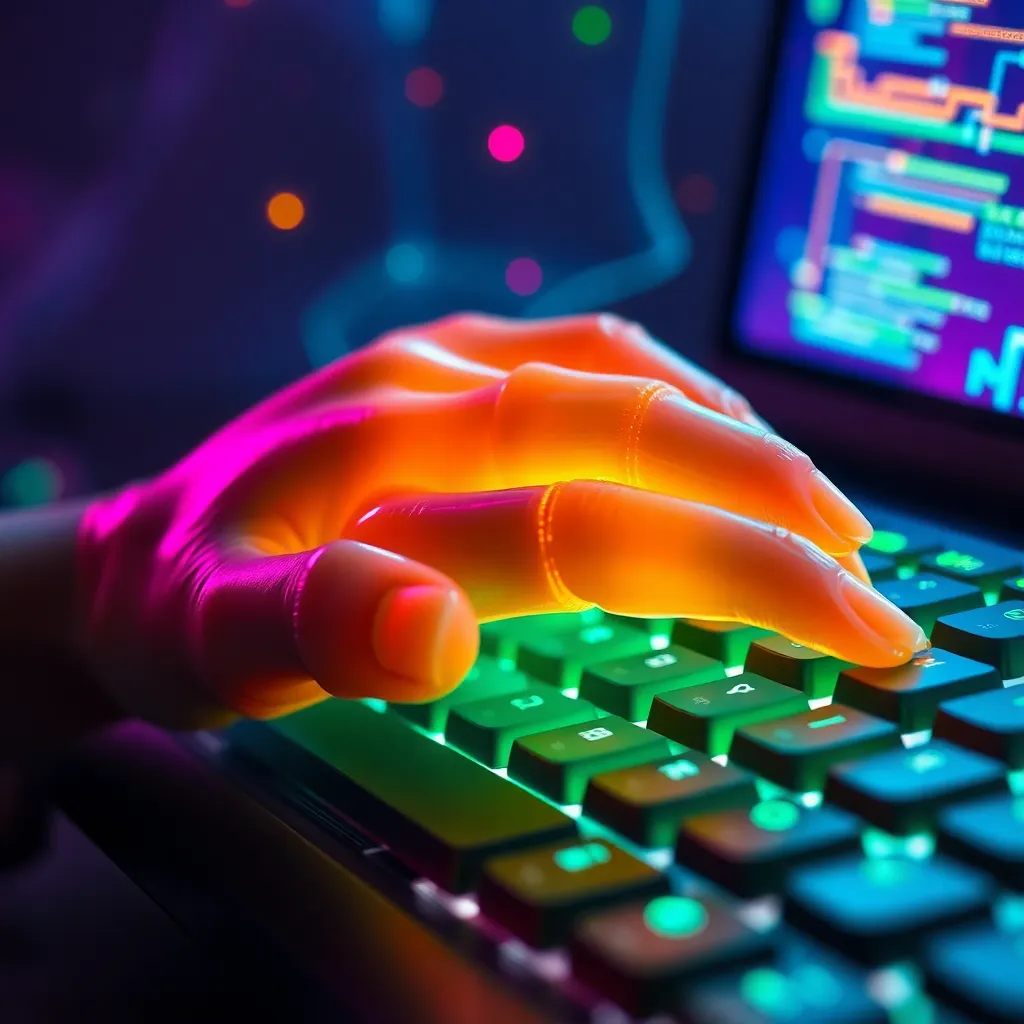 A surreal close-up of a humanoid hand with fourteen translucent fingers typing on a keyboard made of gelatin, neon digital artifacts floating in the air, glitch art style
