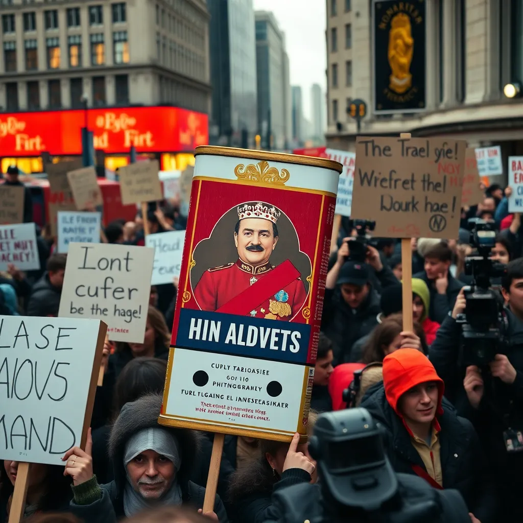 massive city protest demanding release of a royal figure from a vintage tobacco can, humorous handmade signs, dense urban crowd, television cameras, rainy dramatic afternoon, realistic news photography