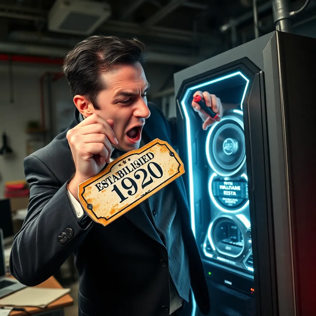 A frantic man in a suit trying to glue a vintage 'Established 1920' sign onto a futuristic glowing computer server, sweat dripping down his face, chaotic office background, absurdist style