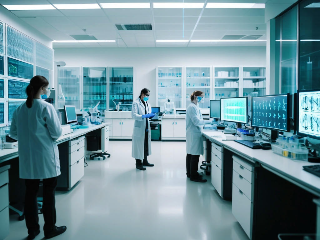 a laboratory with scientists working on genetic engineering, DNA strands visible on screens