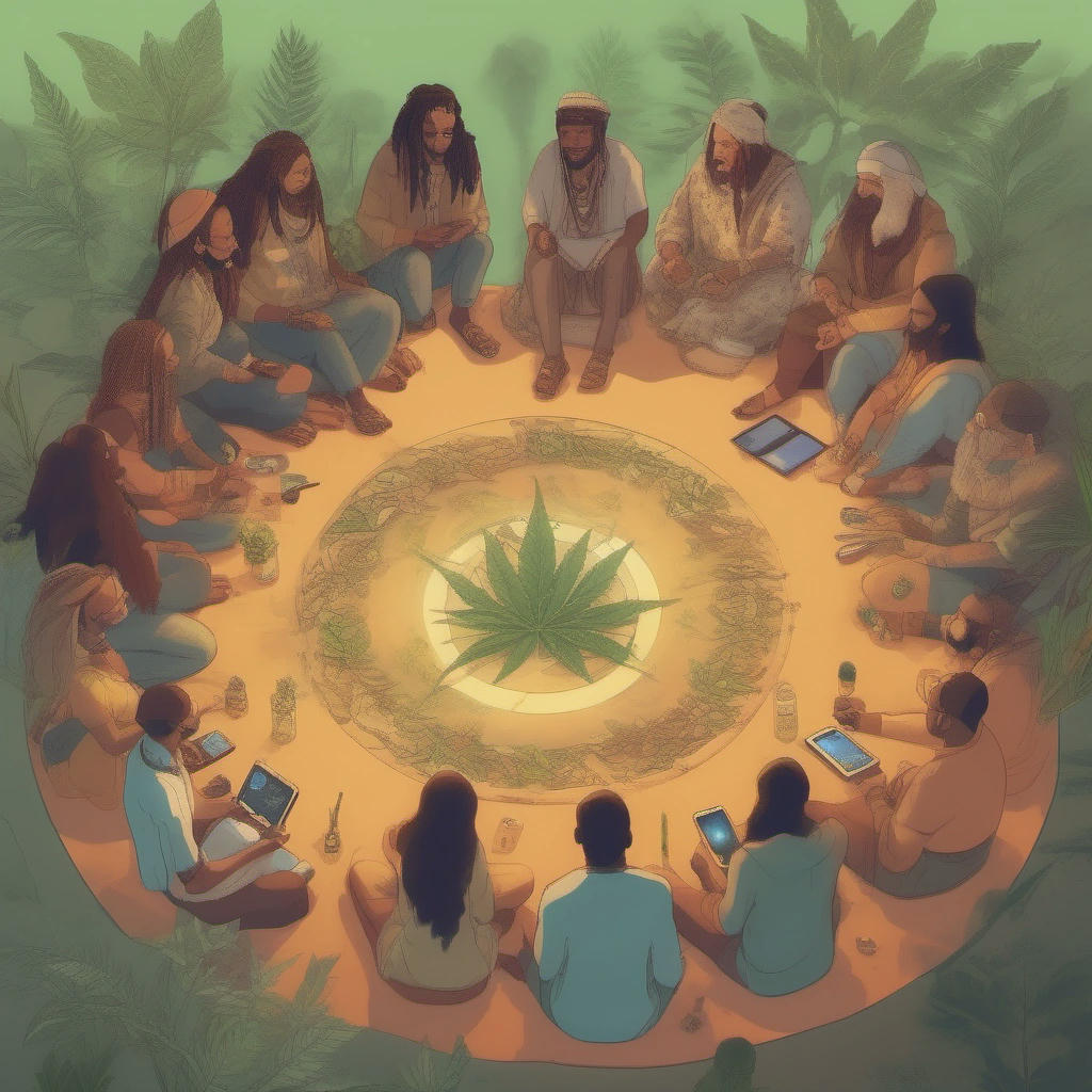 A group of people, both young and old, engaged in a modern shamanic ritual of searching on computers while sharing a cannabis pipe.