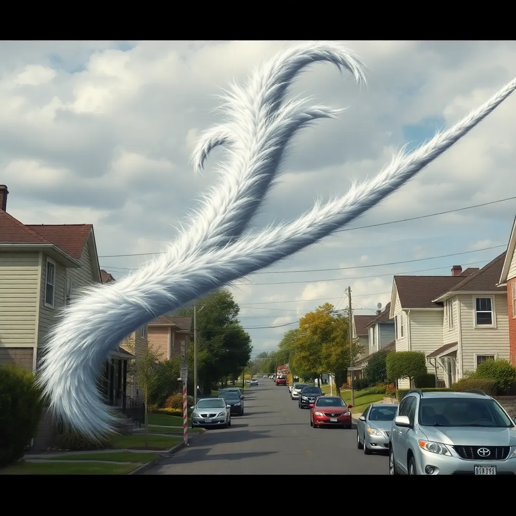 A suburban street where a massive, thick white cat whisker, looking like a fallen power line but made of hair, is resting on top of houses and cars, neighbors looking up in awe, hyper-realistic