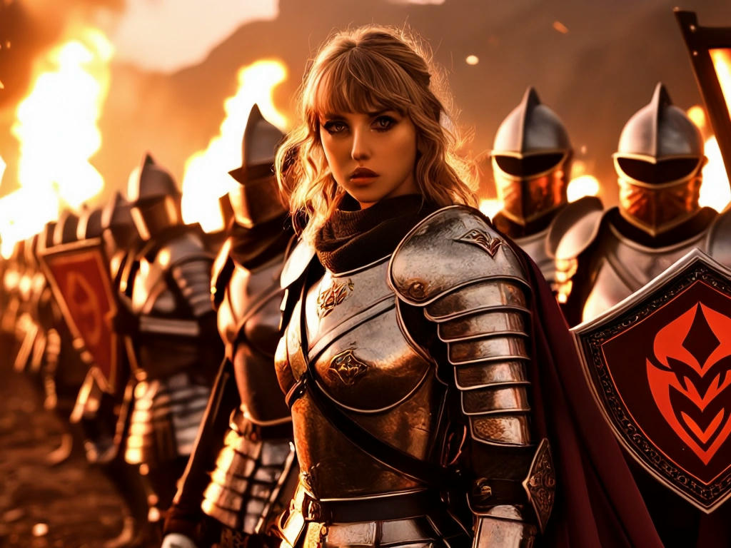 A legion of Swifties, dressed in armor, holding shields with Taylor Swift's album covers, marching in unison, with a fiery passion in their eyes, dramatic lighting, epic scenery