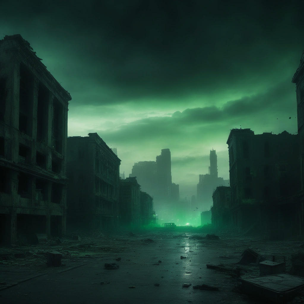 A haunting, atmospheric image of a desolate, abandoned cityscape, with the green nebula looming in the background, casting an eerie glow over the ruins, with a few scattered zombies shambling through the streets, set against a dark, ominous sky