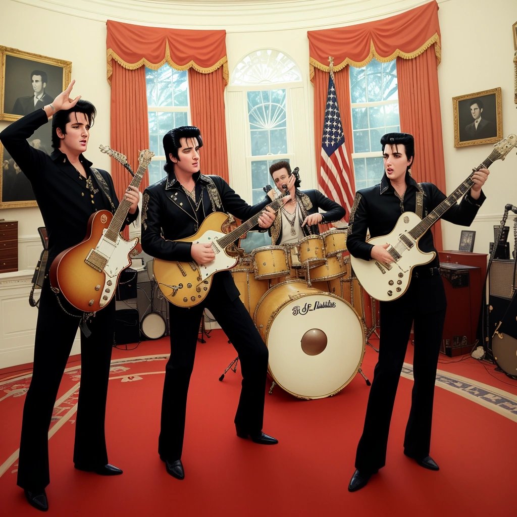 Elvis Presley and his rock 'n' roll cabinet members in the Oval Office