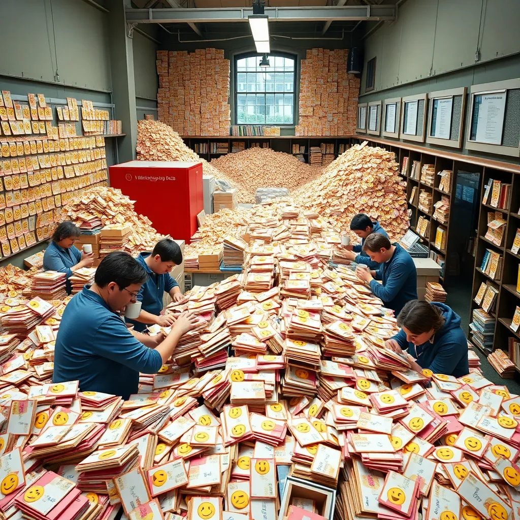 a chaotic British post office where workers sort envelopes covered entirely in emojis, mountains of colorful letters, exhausted staff with tea mugs trying to decode meanings on giant display boards, quirky institutional setting, richly detailed