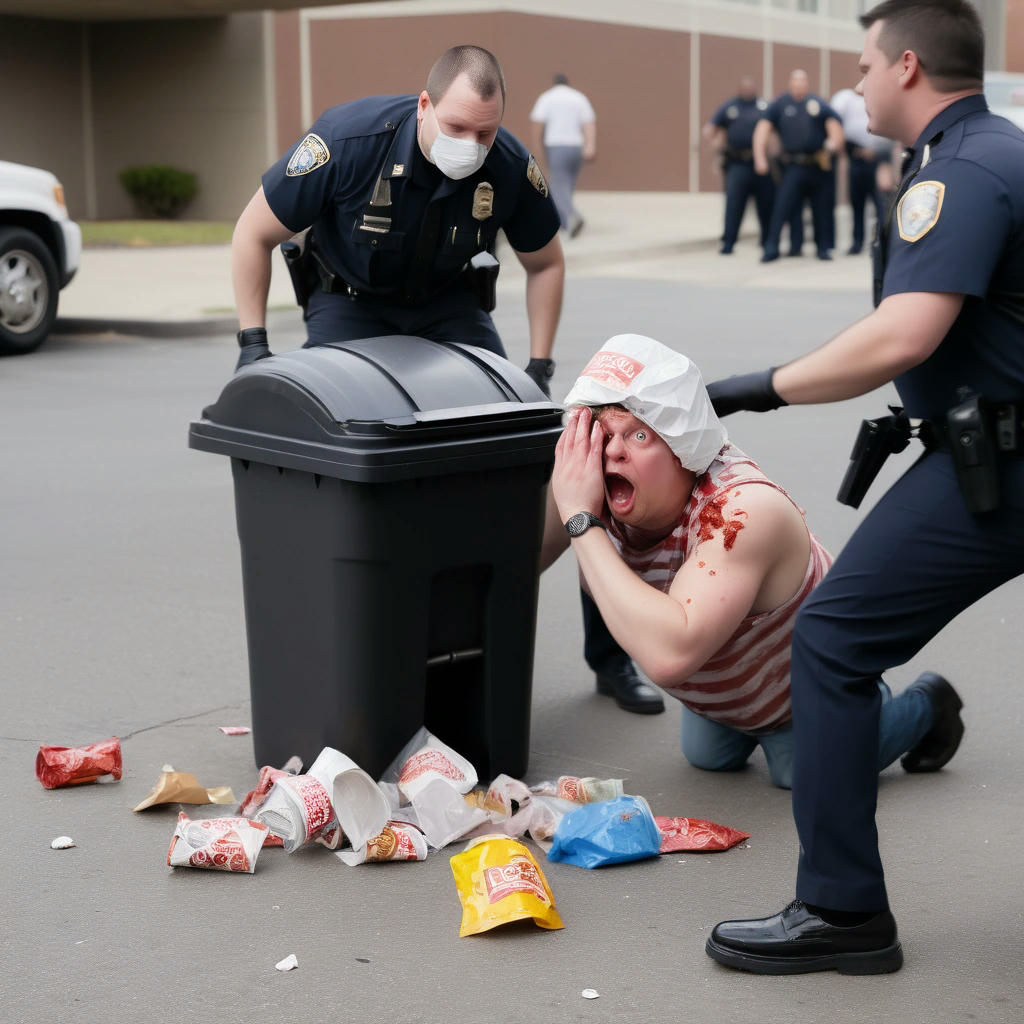 A comical illustration of the suspect emerging from a trash can