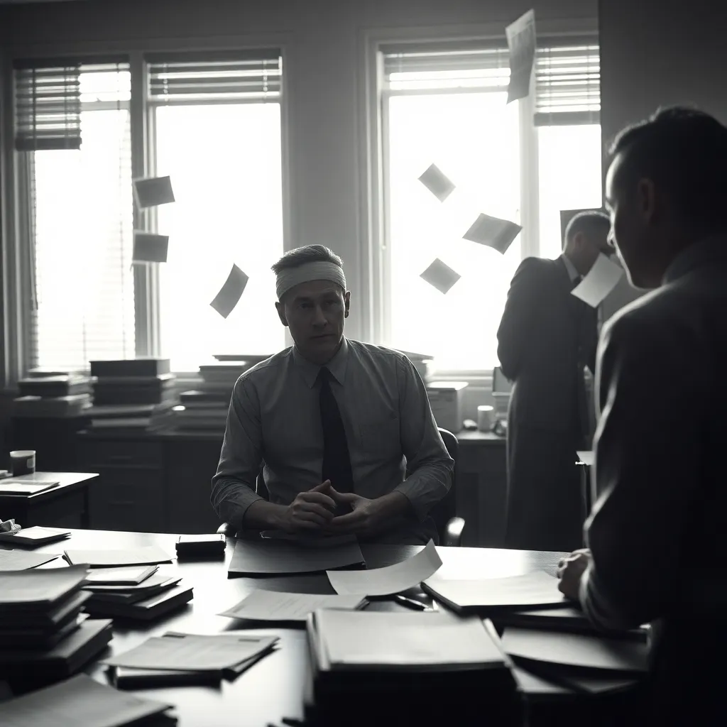 dramatic office interior in 1945 Nagasaki, injured Japanese engineer with bandaged head and burned arm speaking urgently to coworkers, blinding white flash pouring through windows, papers flying, tense historical realism, respectful and atmospheric