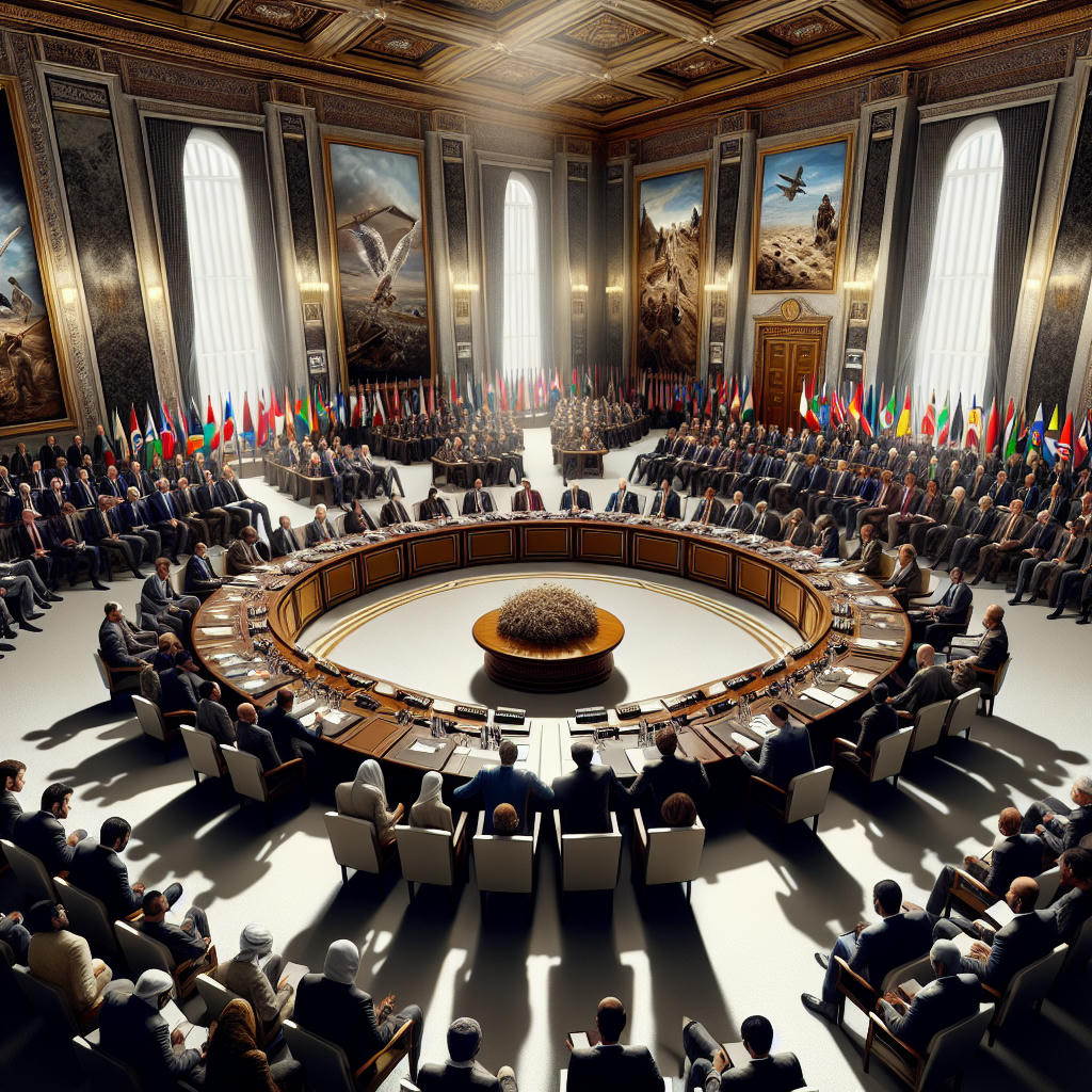 a global summit with world leaders discussing the use of animals in military operations, diverse group of people in a grand conference room, hyper-realistic, intricate details, dramatic lighting, high resolution