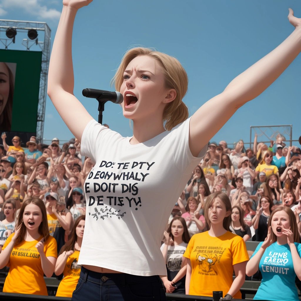 Emily addressing a crowd of cheering fans