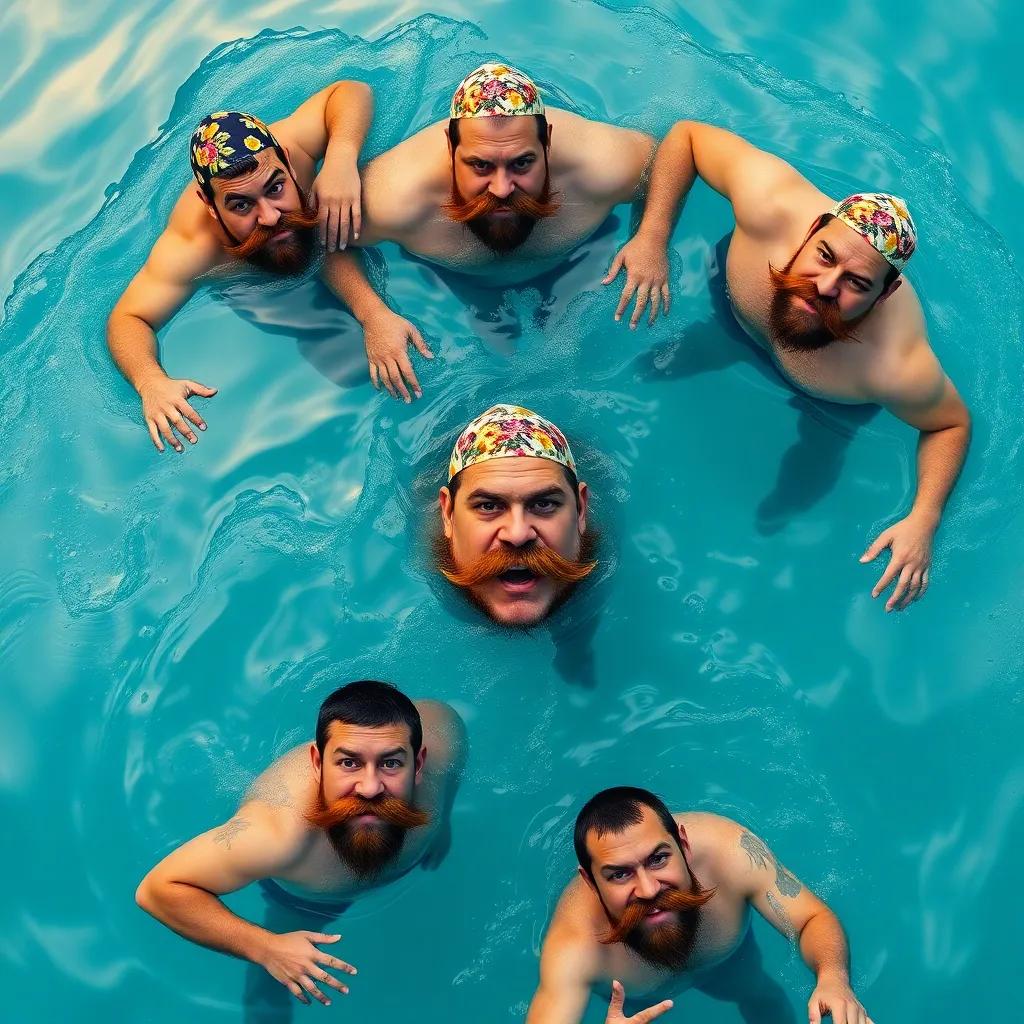 Six burly men with thick moustaches performing synchronized swimming in a pool, their heads poking out of the water in a circle, wearing floral swim caps, water splashing everywhere, dramatic overhead shot
