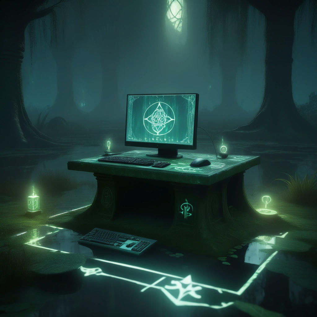 A desktop PC with mystical aura surrounded by ancient, spiritual symbols and lush greenery.