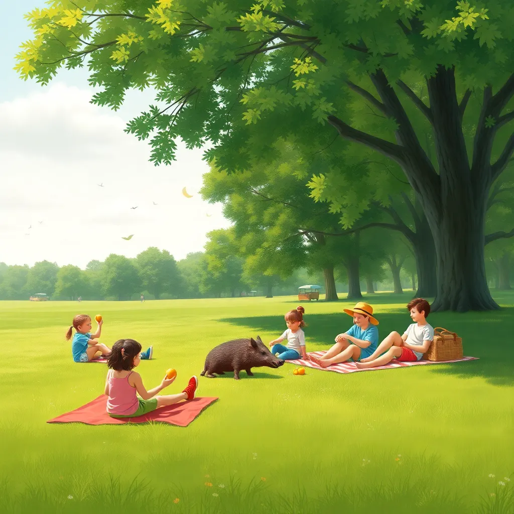 children and adults in a sunny park practicing simple happiness rituals inspired by a warthog, sharing fruit on picnic blankets, people napping under trees, soft joyful atmosphere, whimsical realism, broad green meadow and gentle sky