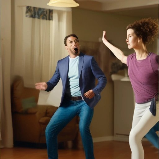 Man dancing, wife skeptical, and dog interfering