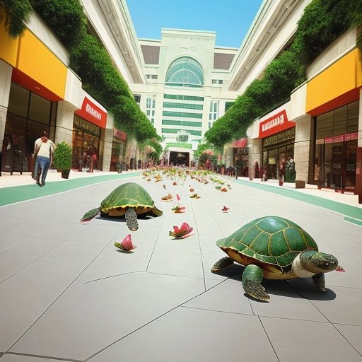 Turtles following watermelon slices out of the mall